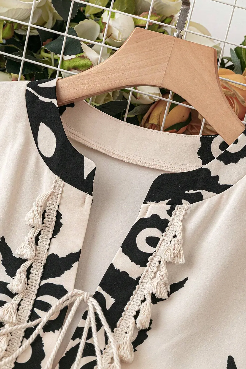 Beige Western Pattern Print Tasseled Notch V Neck Mini Dress - eAura