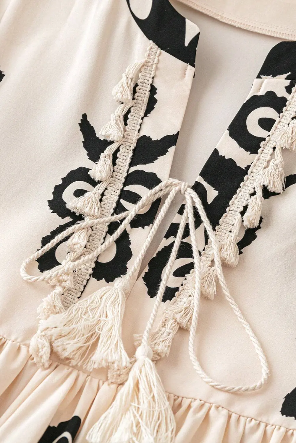 Beige Western Pattern Print Tasseled Notch V Neck Mini Dress - eAura