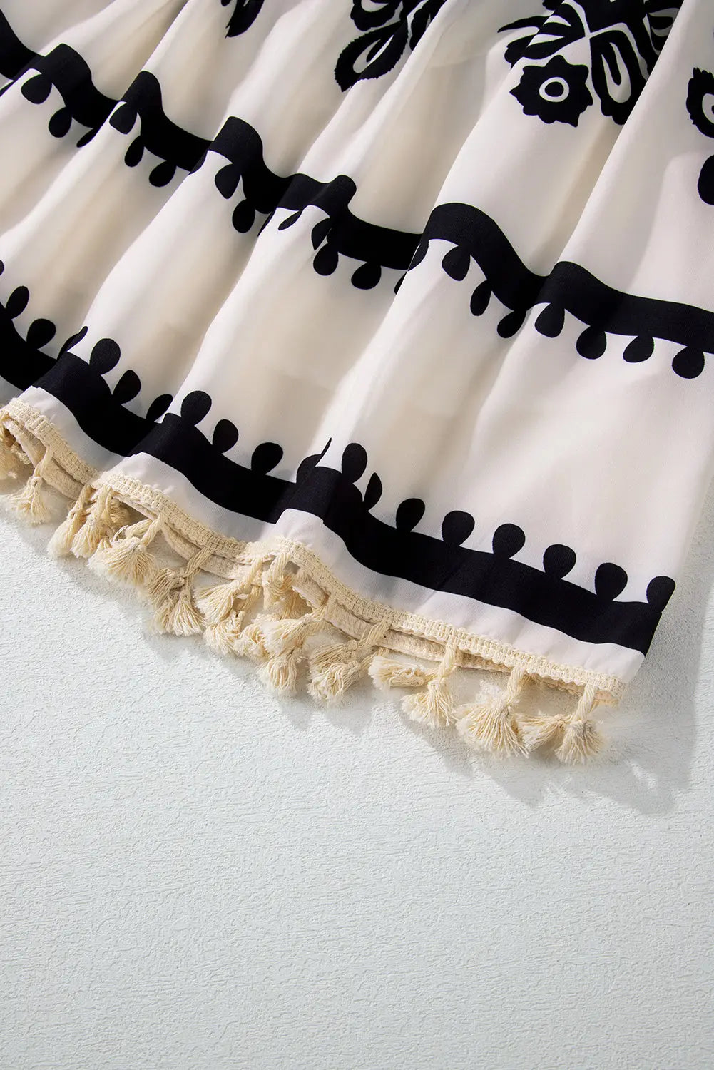 Beige Western Pattern Print Tasseled Notch V Neck Mini Dress - eAura