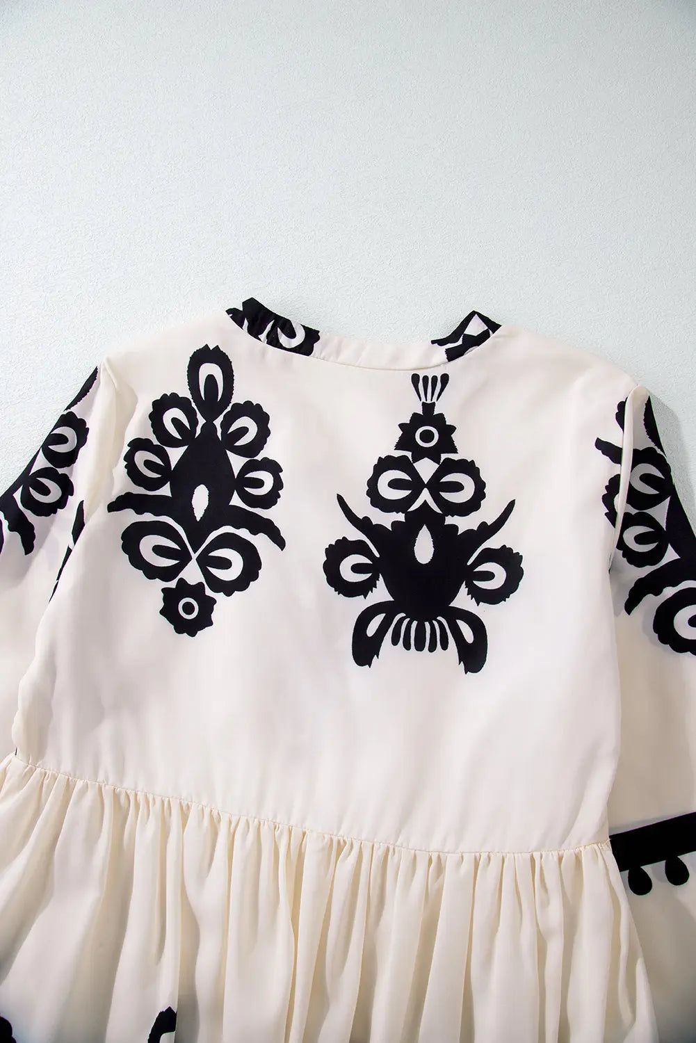 Beige Western Pattern Print Tasseled Notch V Neck Mini Dress - eAura