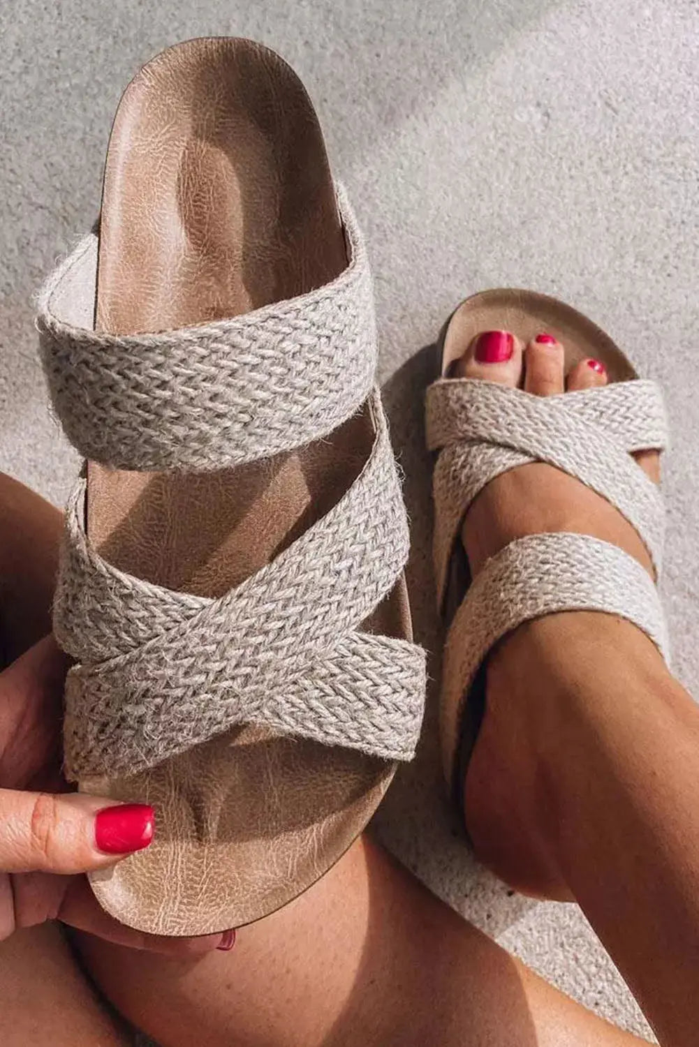 Beige Woven Cross Criss Hollowed Slip-On Sandals Beagle Boutique Fashion Outlet
