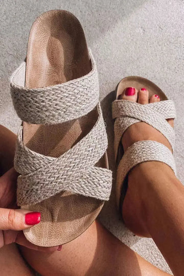 Beige Woven Cross Criss Hollowed Slip-On Sandals Beagle Boutique Fashion Outlet