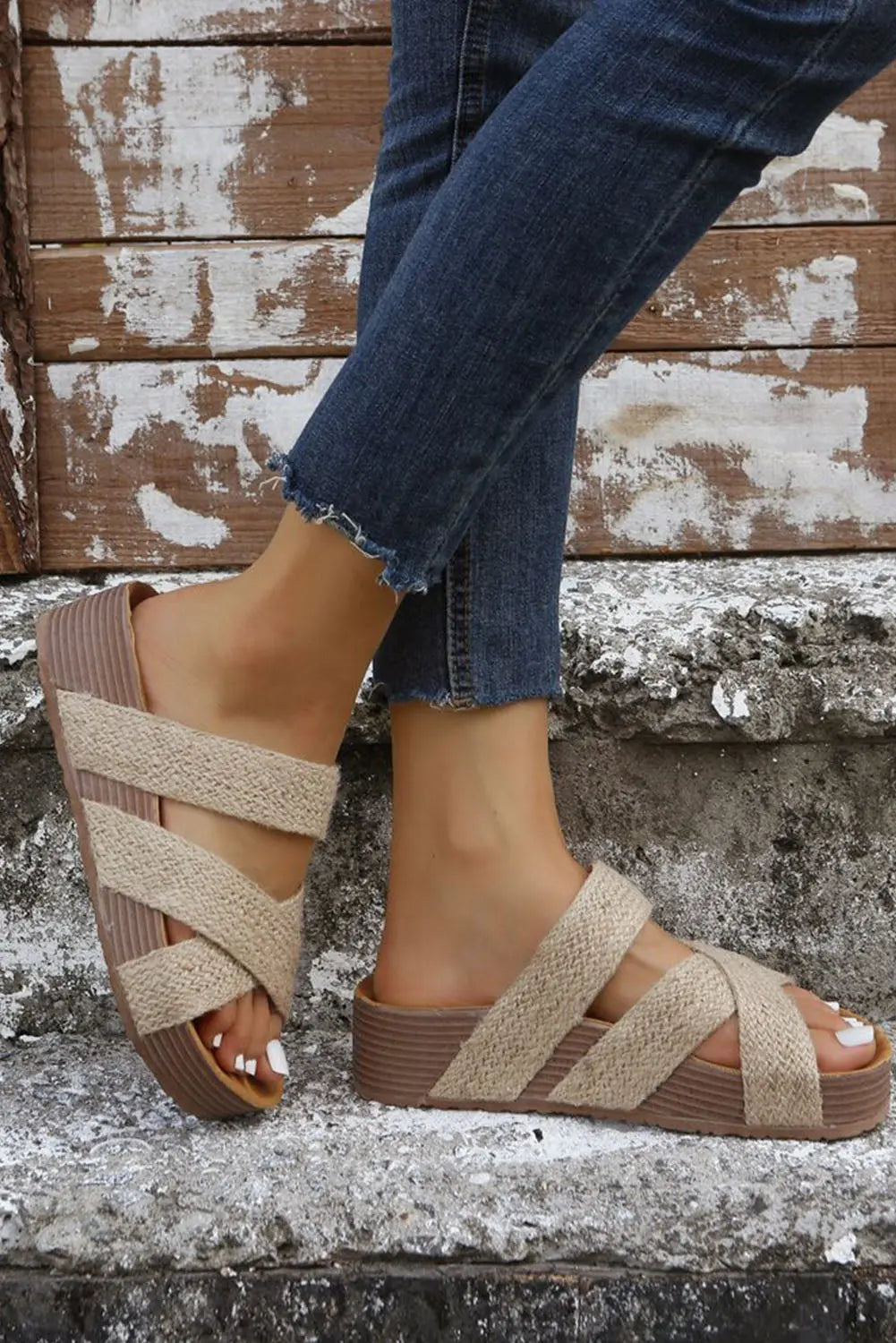 Beige Woven Cross Criss Hollowed Slip-On Sandals Beagle Boutique Fashion Outlet