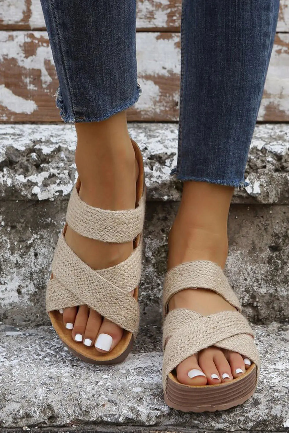Beige Woven Cross Criss Hollowed Slip-On Sandals Beagle Boutique Fashion Outlet