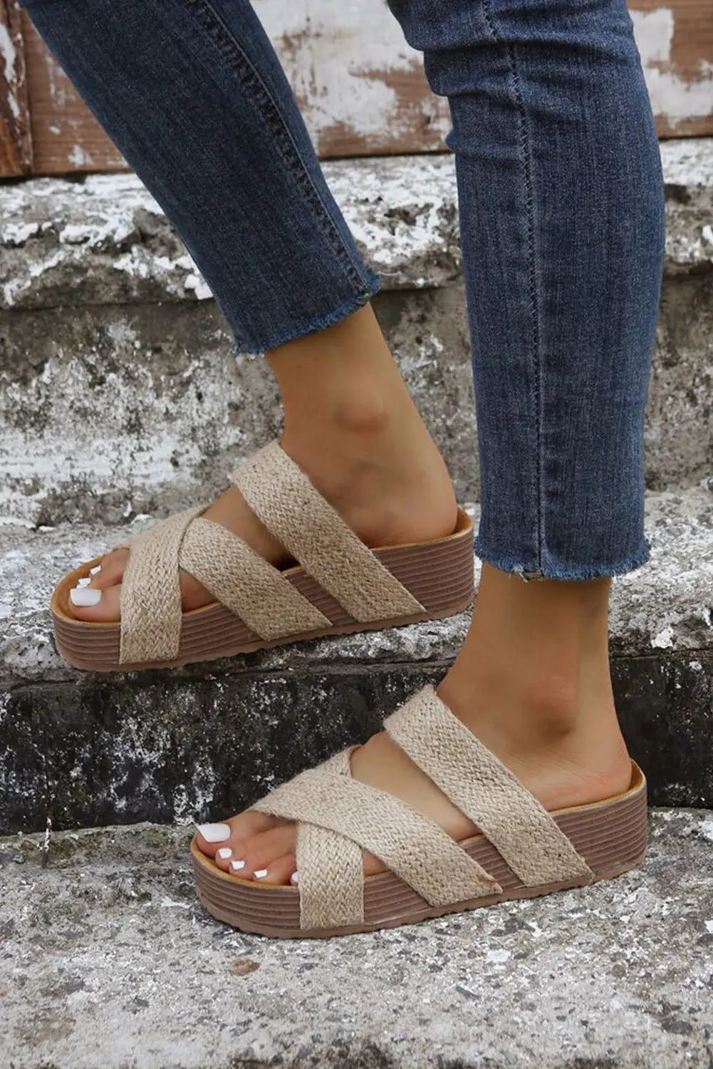 Beige Woven Cross Criss Hollowed Slip-On Sandals Beagle Boutique Fashion Outlet