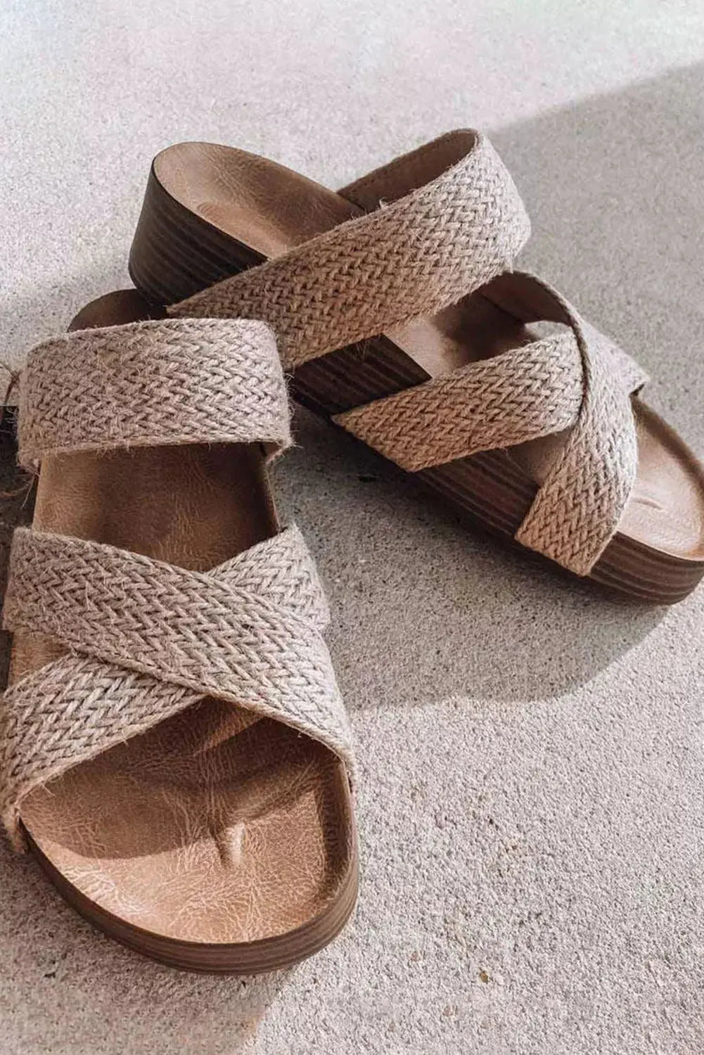Beige Woven Cross Criss Hollowed Slip-On Sandals Beagle Boutique Fashion Outlet