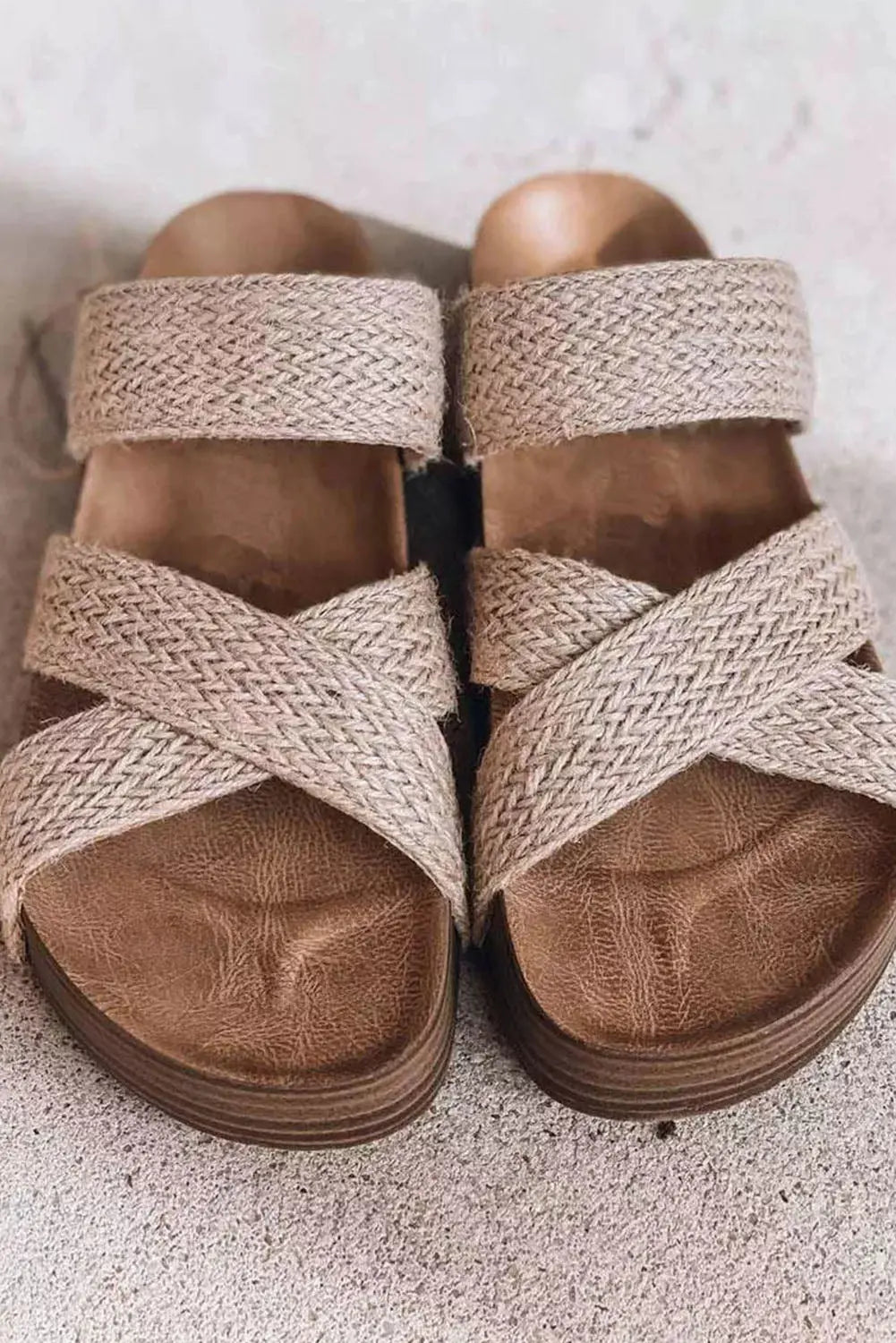 Beige Woven Cross Criss Hollowed Slip-On Sandals Beagle Boutique Fashion Outlet