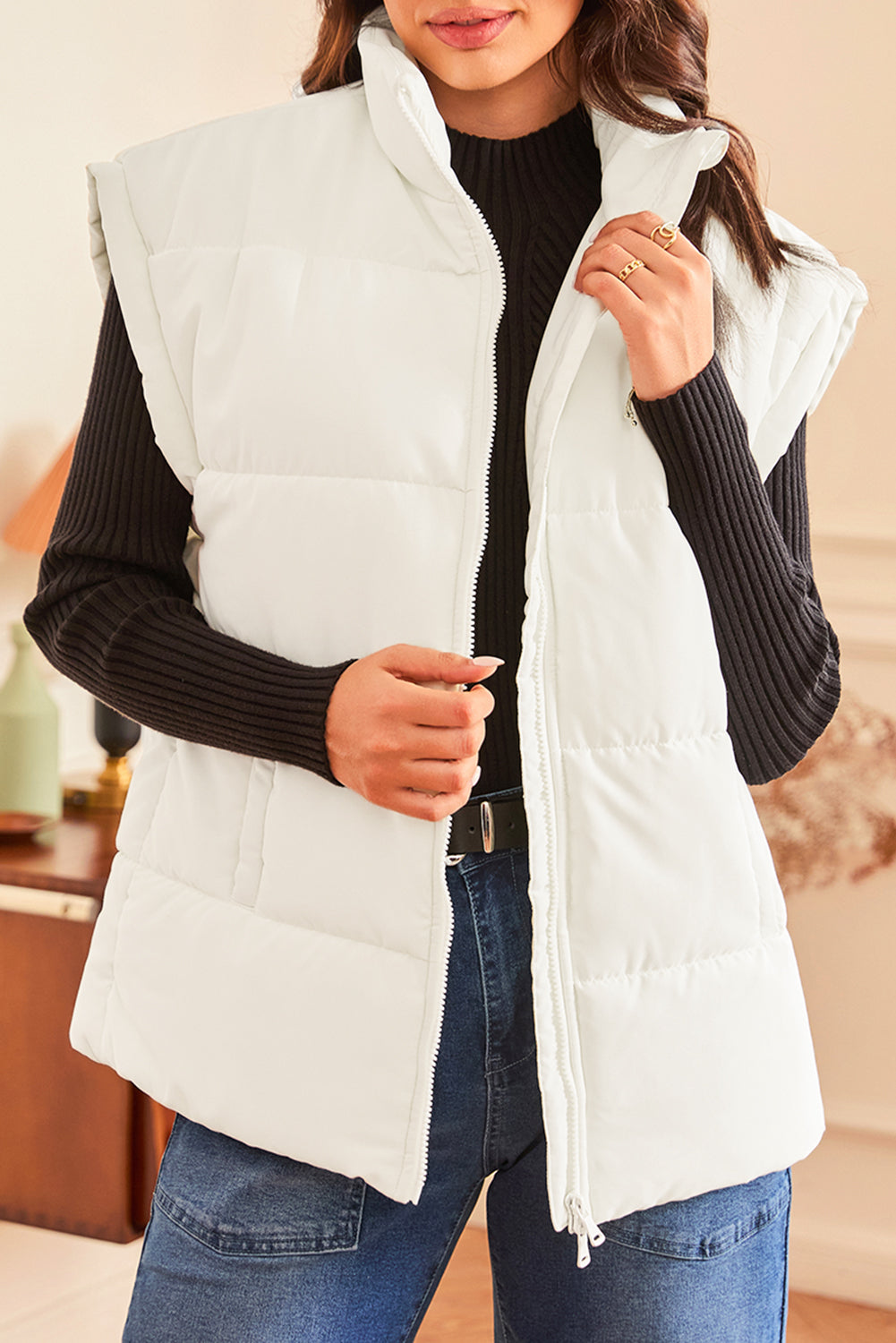 Beige Zipper Stand Neck Oversized Puffer Vest - Outerwear/Vests