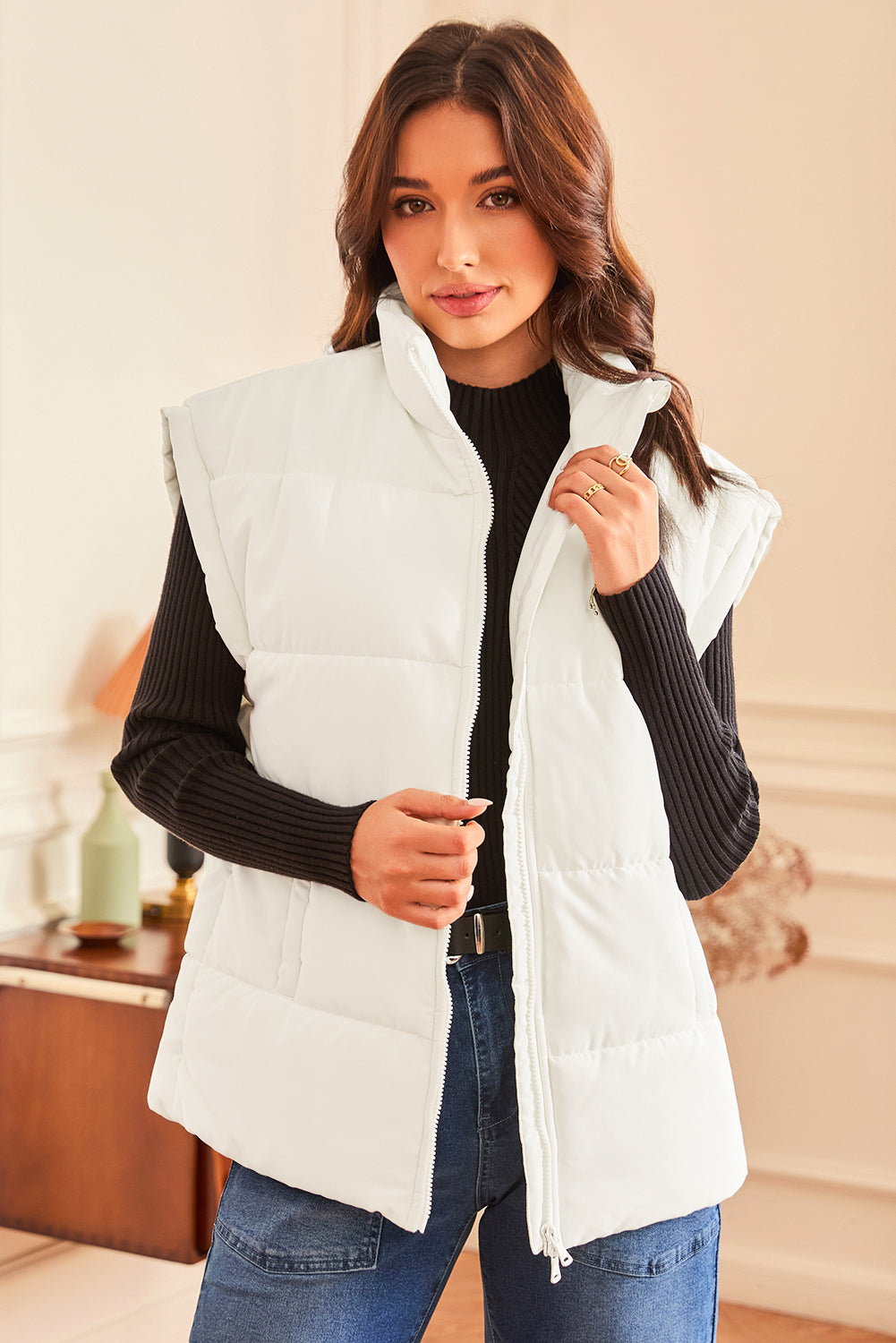Beige Zipper Stand Neck Oversized Puffer Vest - Outerwear/Vests