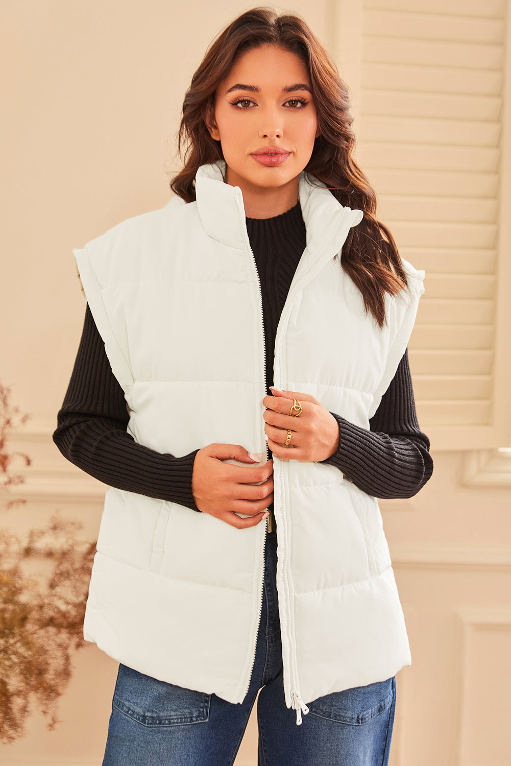 Beige Zipper Stand Neck Oversized Puffer Vest - Outerwear/Vests