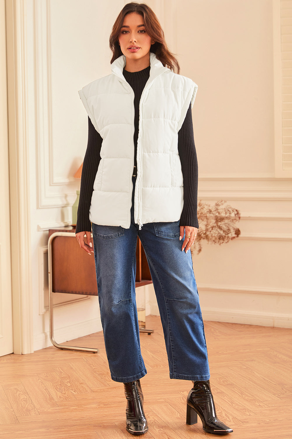 Beige Zipper Stand Neck Oversized Puffer Vest - Outerwear/Vests
