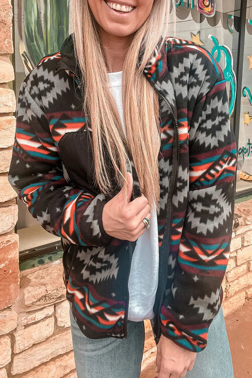 Black Aztec Printed Zip Up Collar Jacket - BB Fashion Outlet
