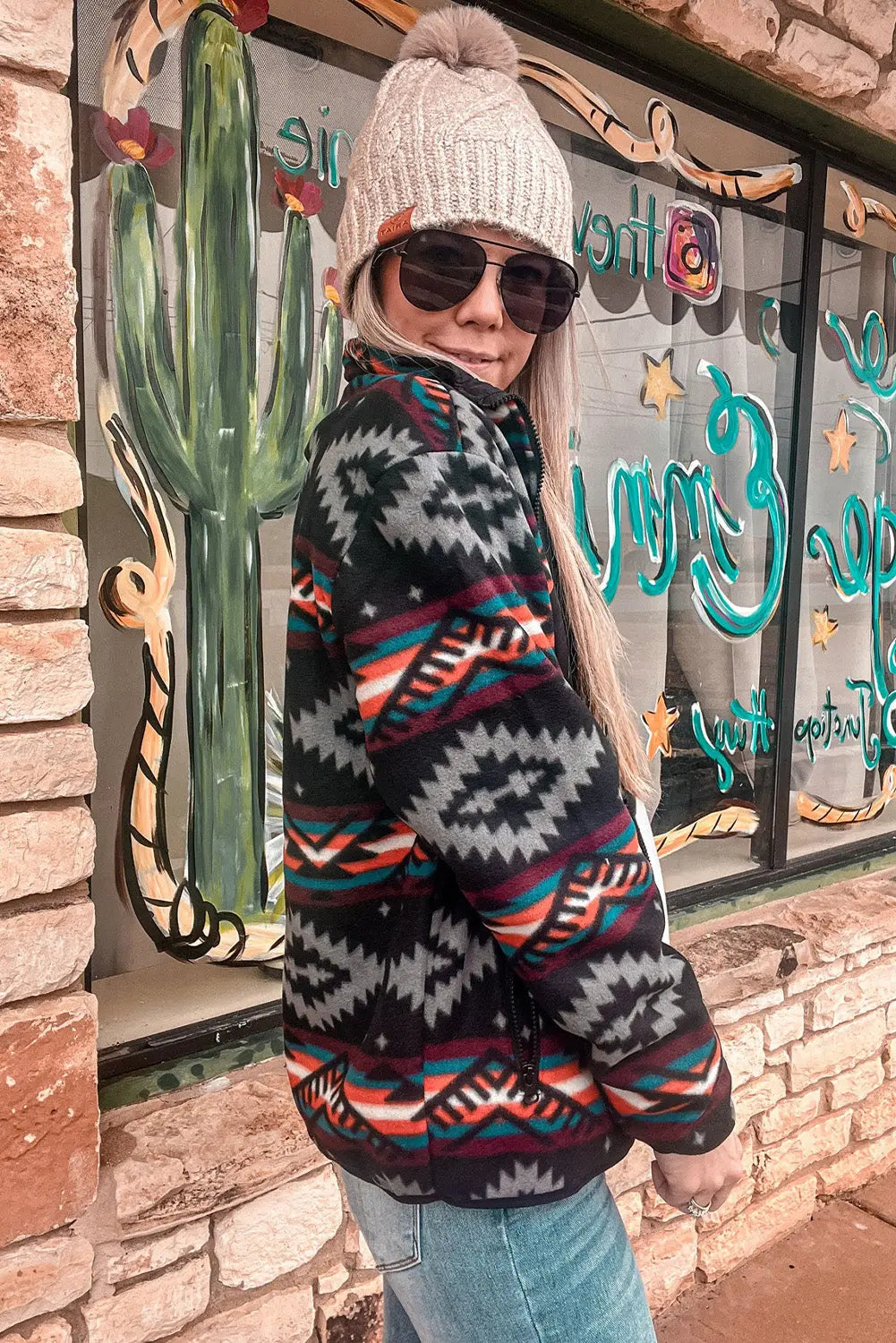 Black Aztec Printed Zip Up Collar Jacket - BB Fashion Outlet