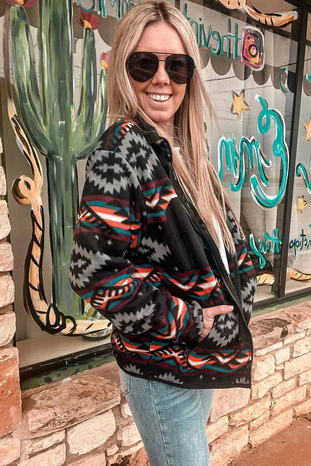 Black Aztec Printed Zip Up Collar Jacket - BB Fashion Outlet