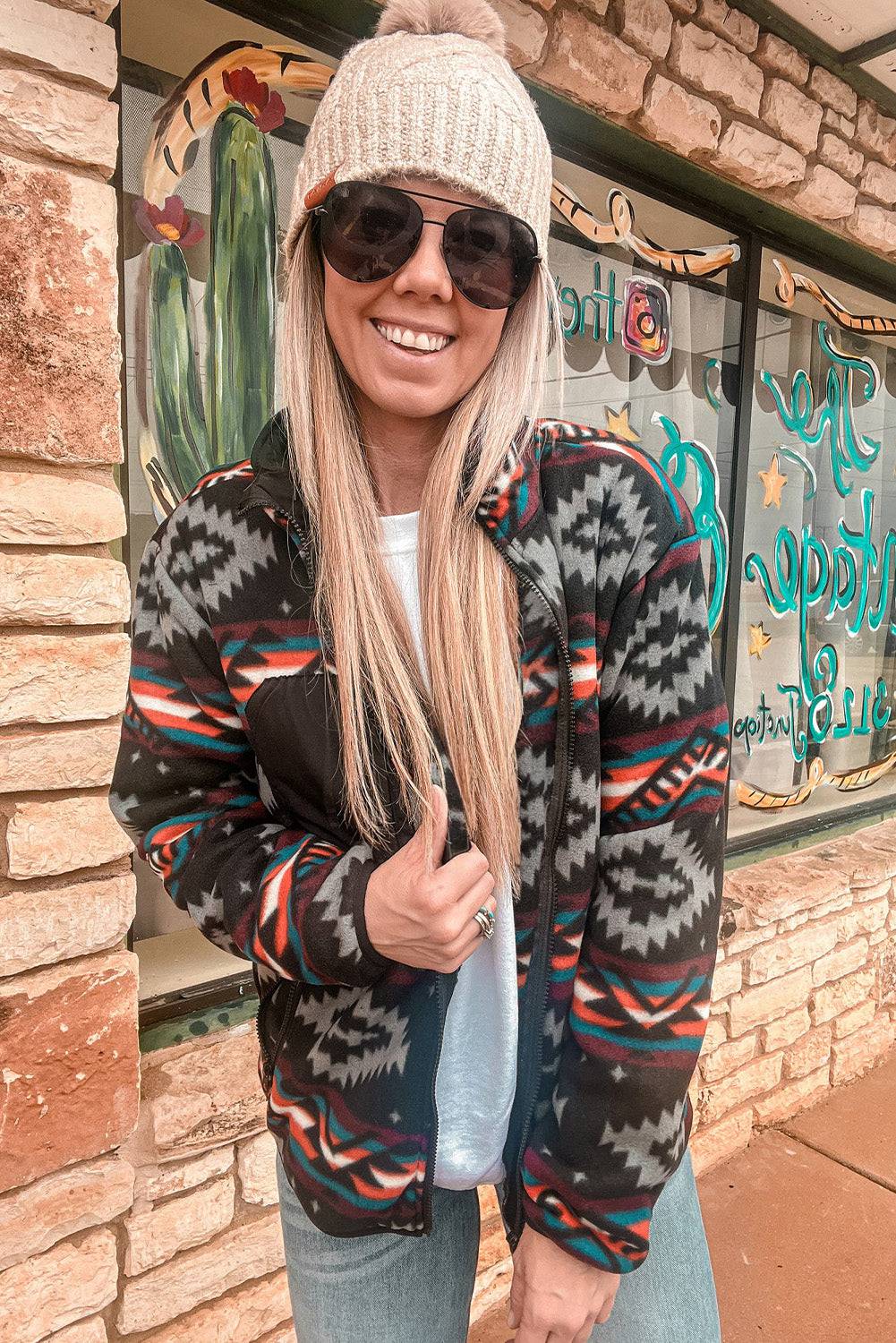 Black Aztec Printed Zip Up Collar Jacket - BB Fashion Outlet