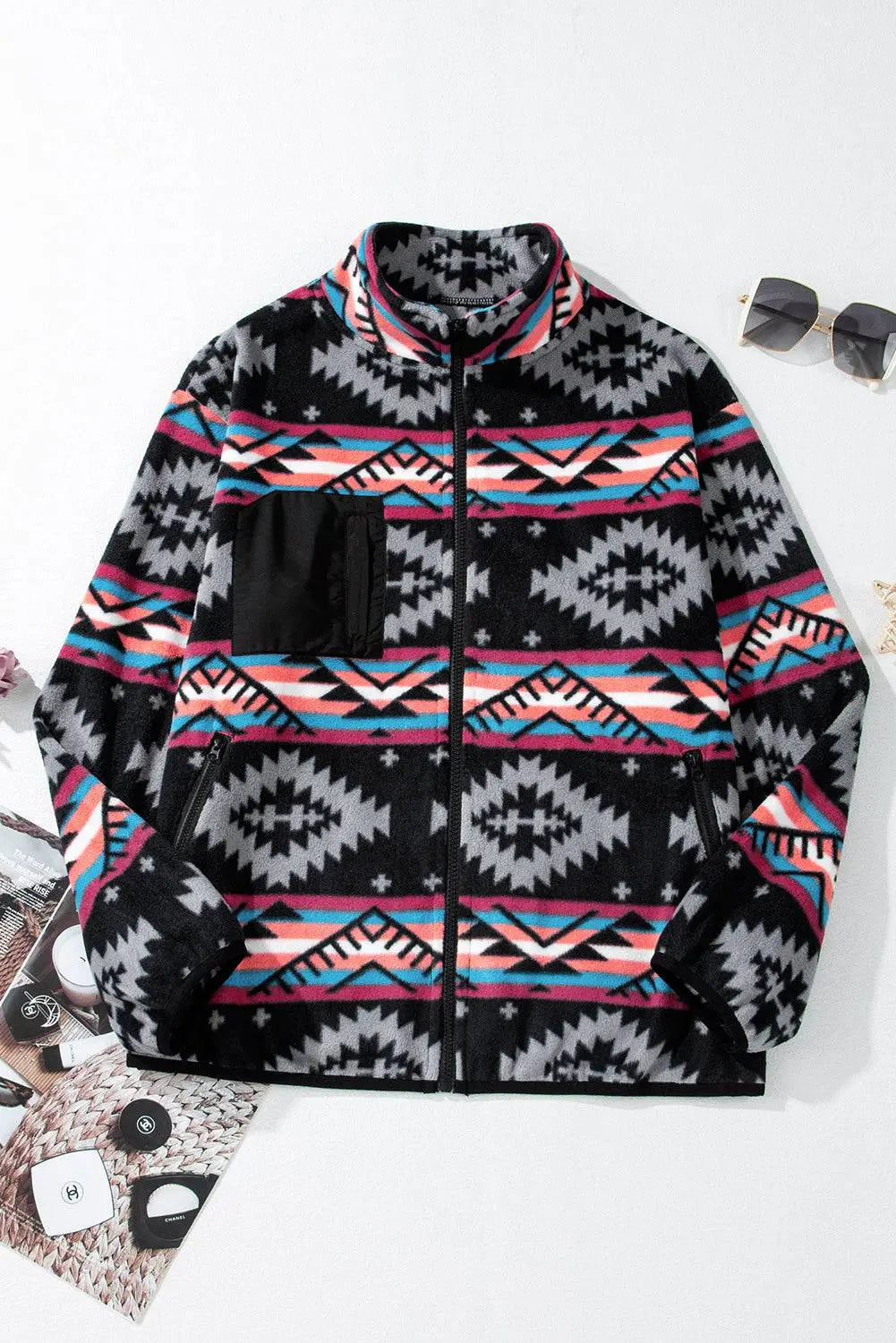 Black Aztec Printed Zip Up Collar Jacket - BB Fashion Outlet