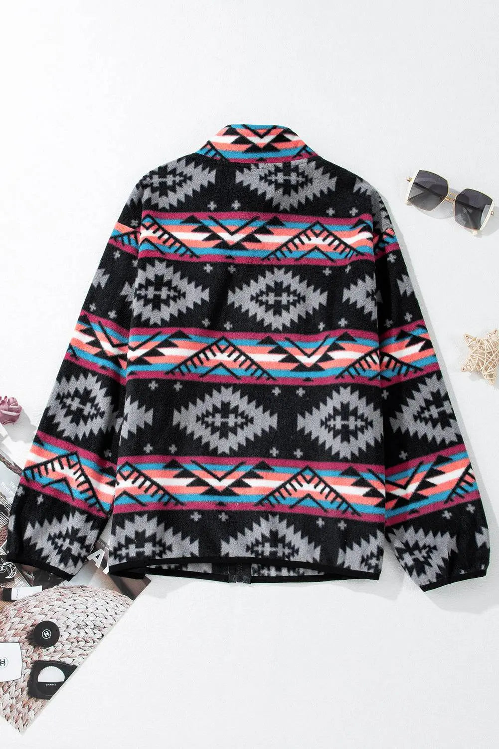 Black Aztec Printed Zip Up Collar Jacket - BB Fashion Outlet