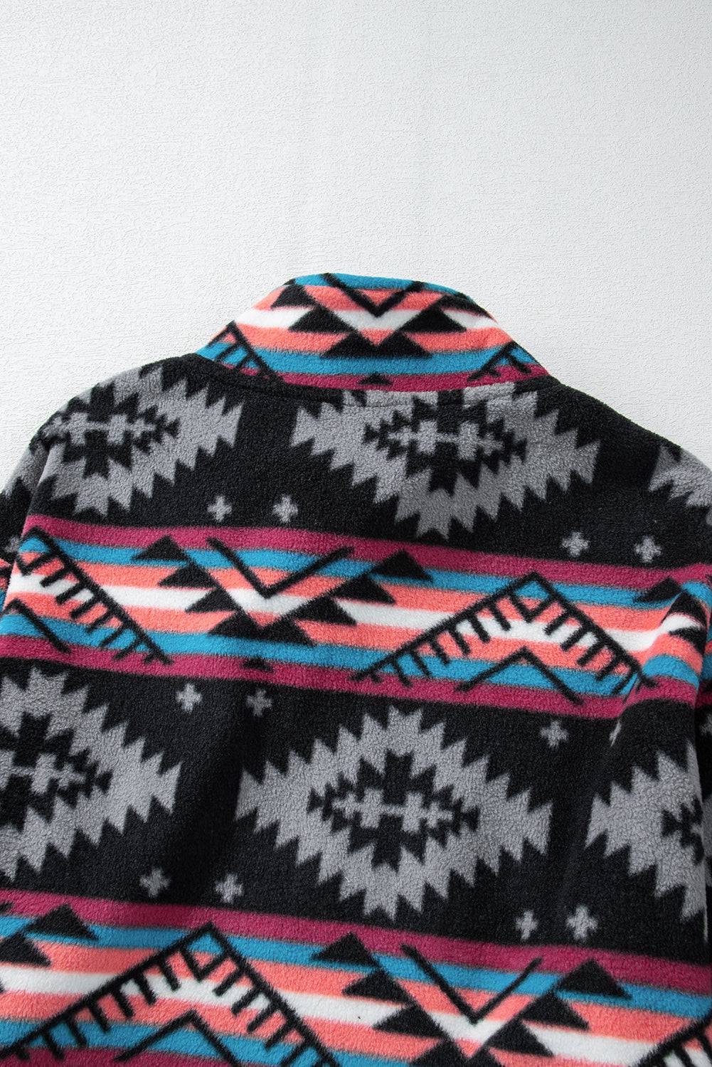 Black Aztec Printed Zip Up Collar Jacket - BB Fashion Outlet