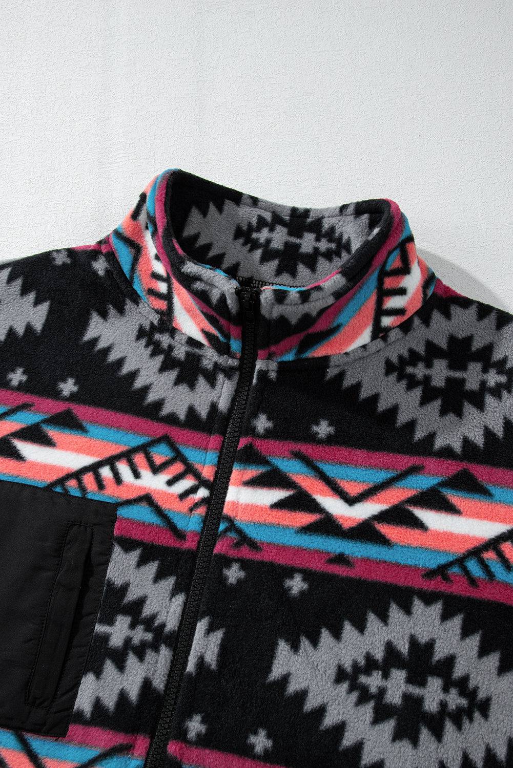 Black Aztec Printed Zip Up Collar Jacket - BB Fashion Outlet