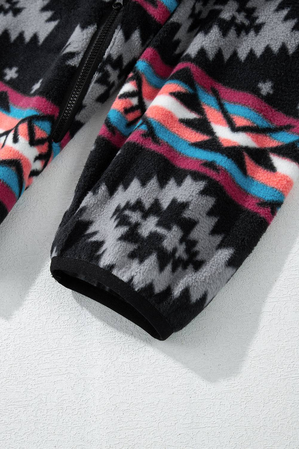 Black Aztec Printed Zip Up Collar Jacket - BB Fashion Outlet