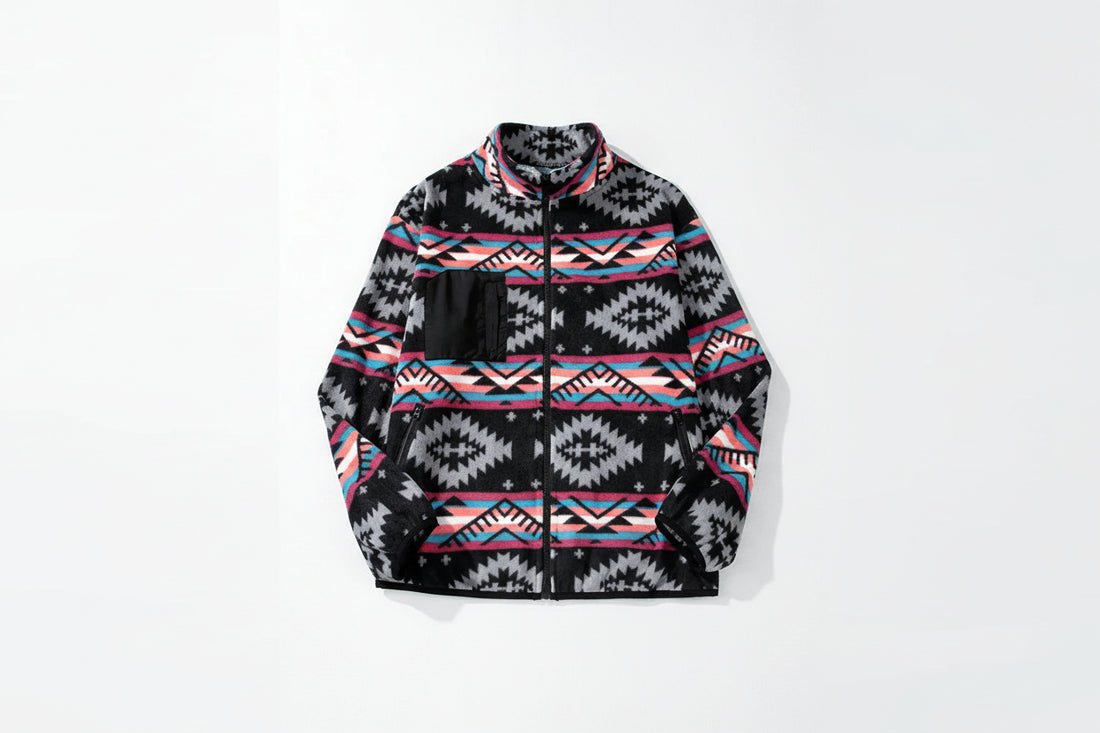 Black Aztec Printed Zip Up Collar Jacket - eAura