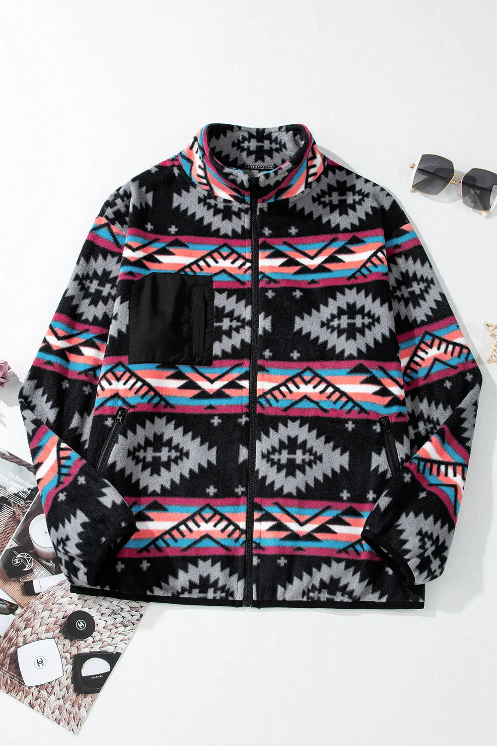 Black Aztec Printed Zip Up Collar Jacket - eAura