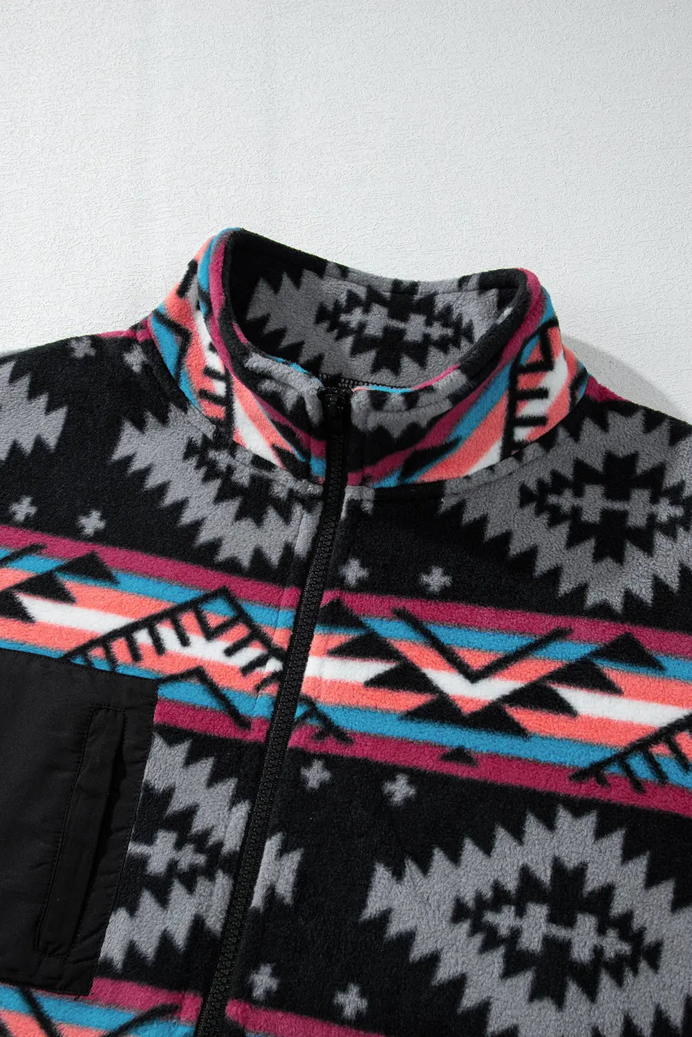 Black Aztec Printed Zip Up Collar Jacket - eAura