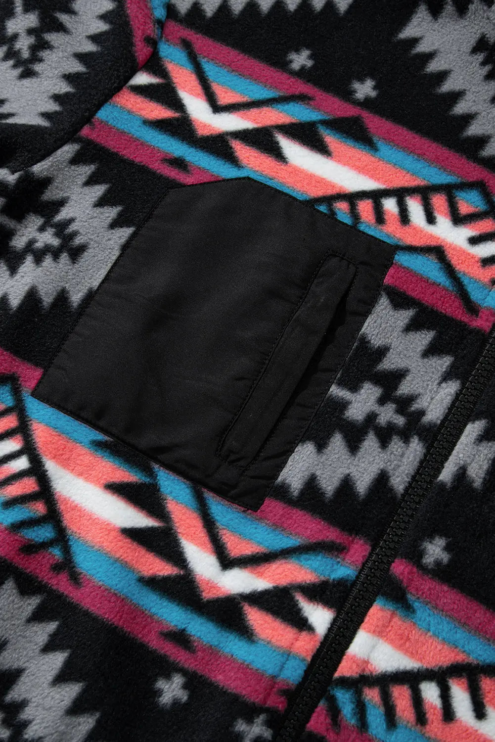 Black Aztec Printed Zip Up Collar Jacket - eAura