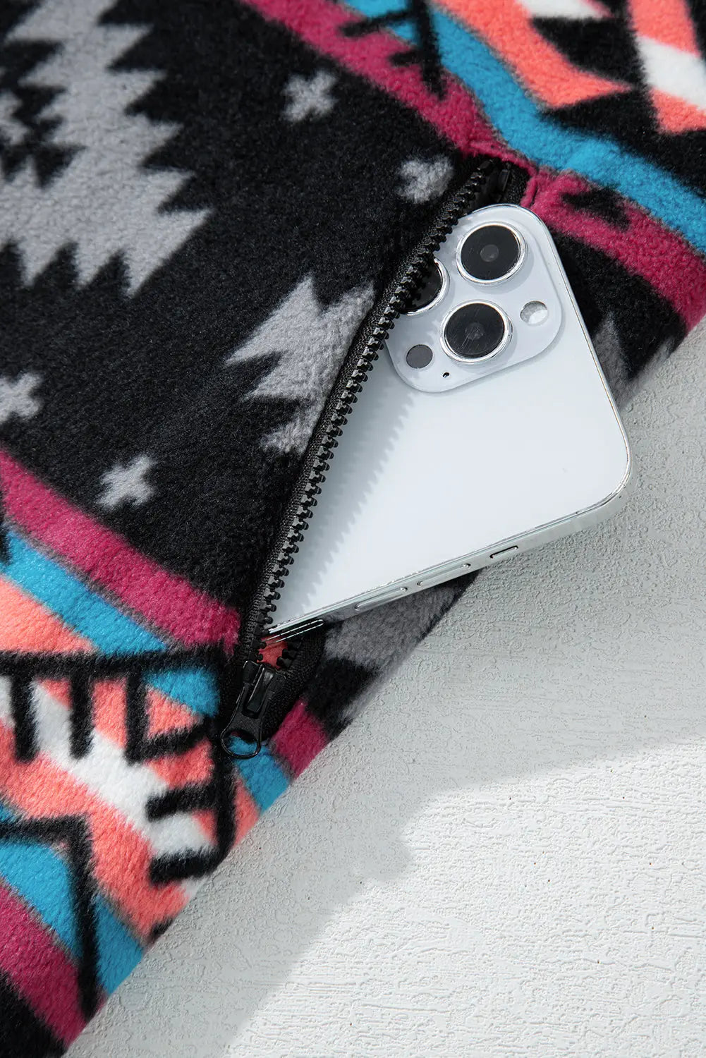 Black Aztec Printed Zip Up Collar Jacket - eAura