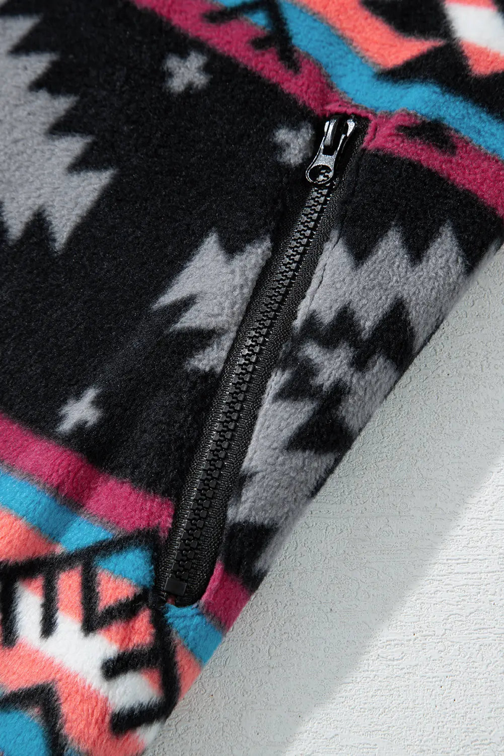 Black Aztec Printed Zip Up Collar Jacket - eAura