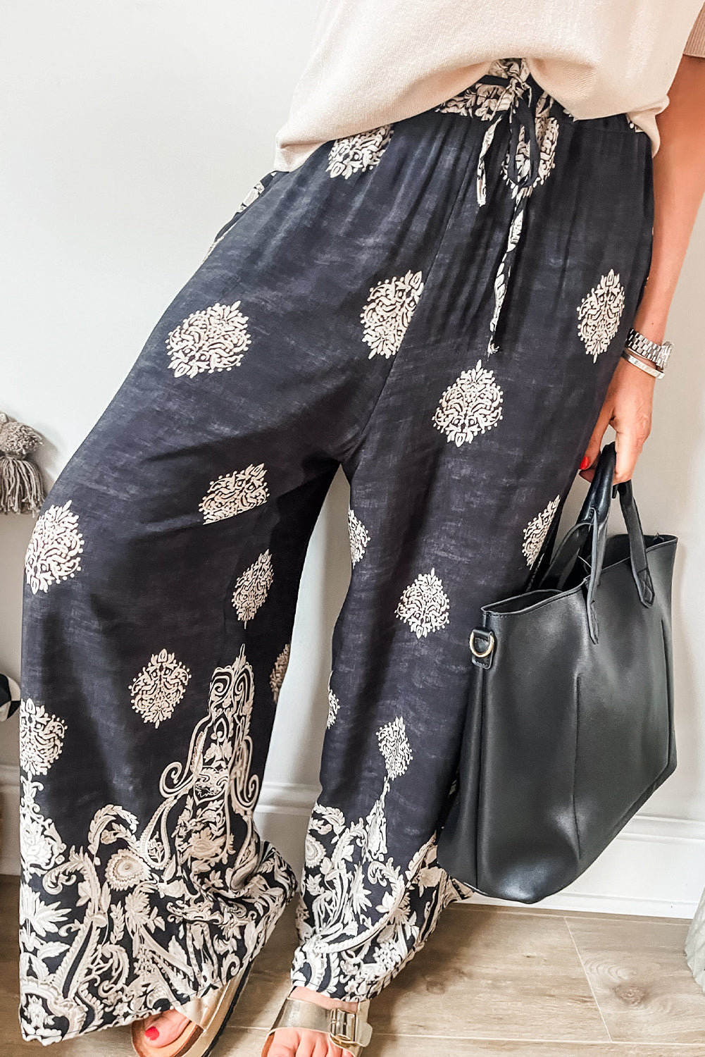 Black Bohemian Printed Drawstring Waist Wide Leg Trousers - BLACK / S / 100% POLYESTER - Bottoms/Pants & Culotte