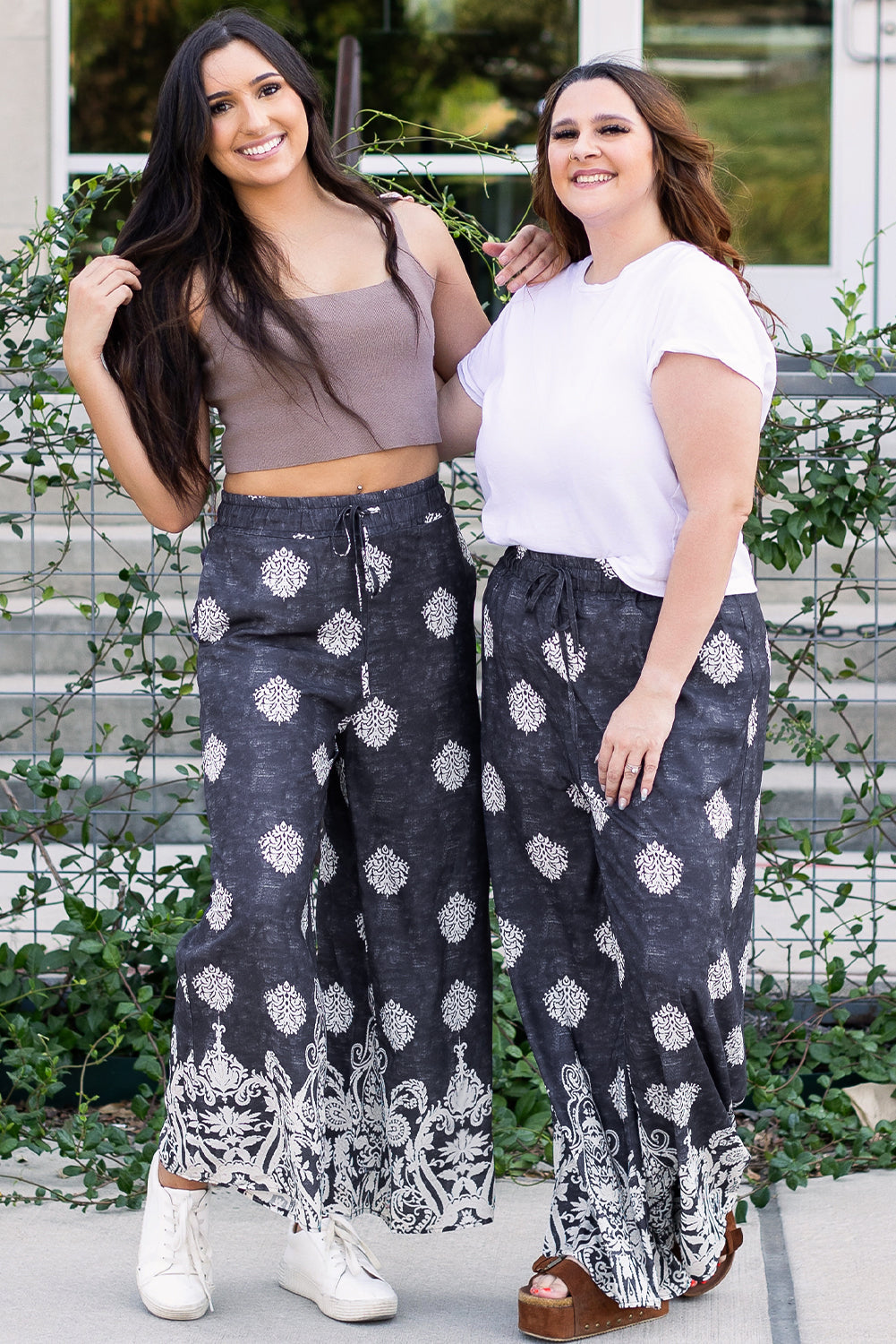 Black Bohemian Printed Drawstring Waist Wide Leg Trousers - Bottoms/Pants & Culotte