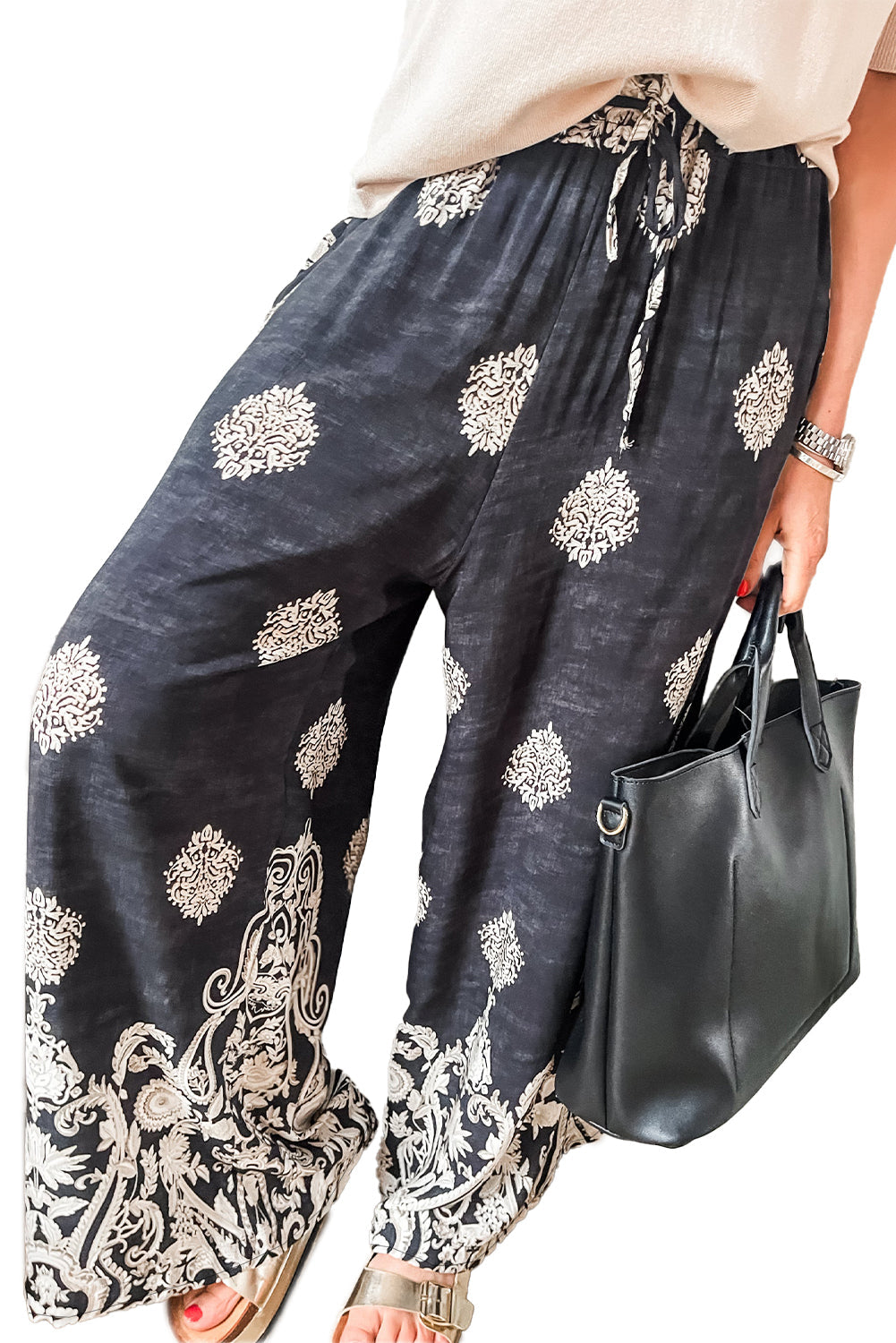 Black Bohemian Printed Drawstring Waist Wide Leg Trousers - Bottoms/Pants & Culotte