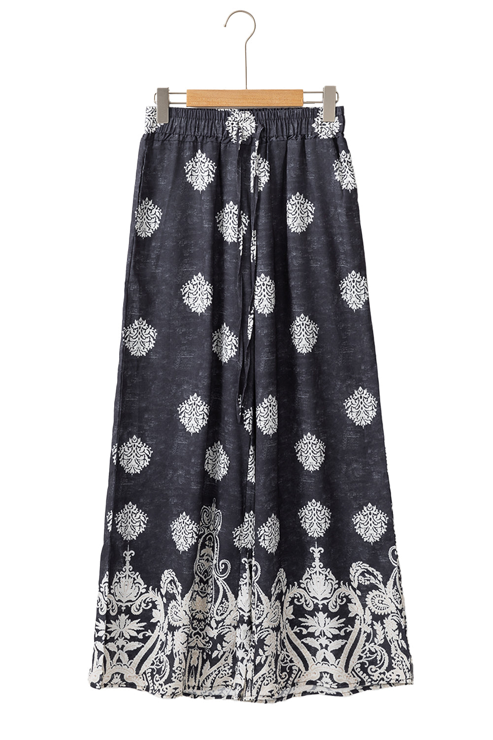 Black Bohemian Printed Drawstring Waist Wide Leg Trousers - Bottoms/Pants & Culotte