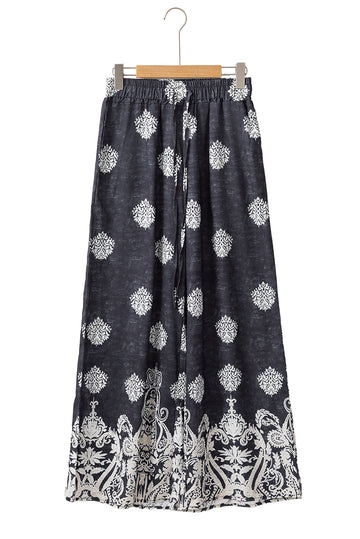 Black Bohemian Printed Drawstring Waist Wide Leg Trousers - Bottoms/Pants & Culotte