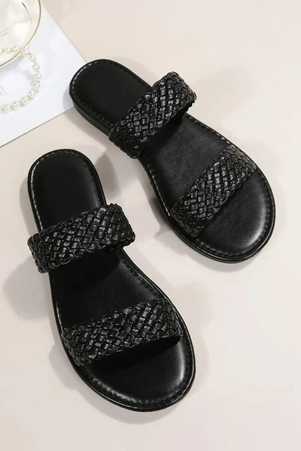 Black Braided Double Band Leathered Flat Sandals Beagle Boutique Fashion Outlet