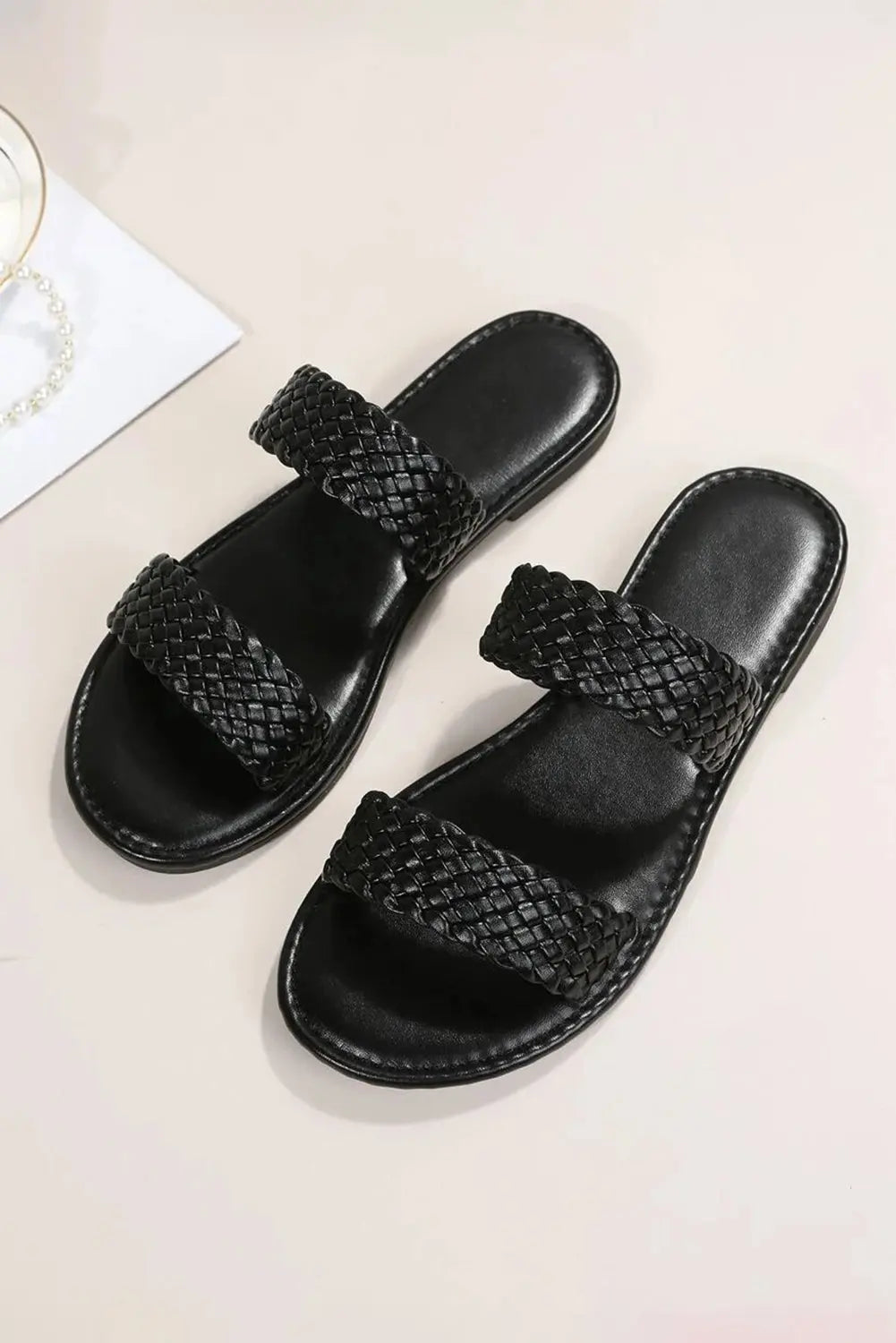 Black Braided Double Band Leathered Flat Sandals Beagle Boutique Fashion Outlet