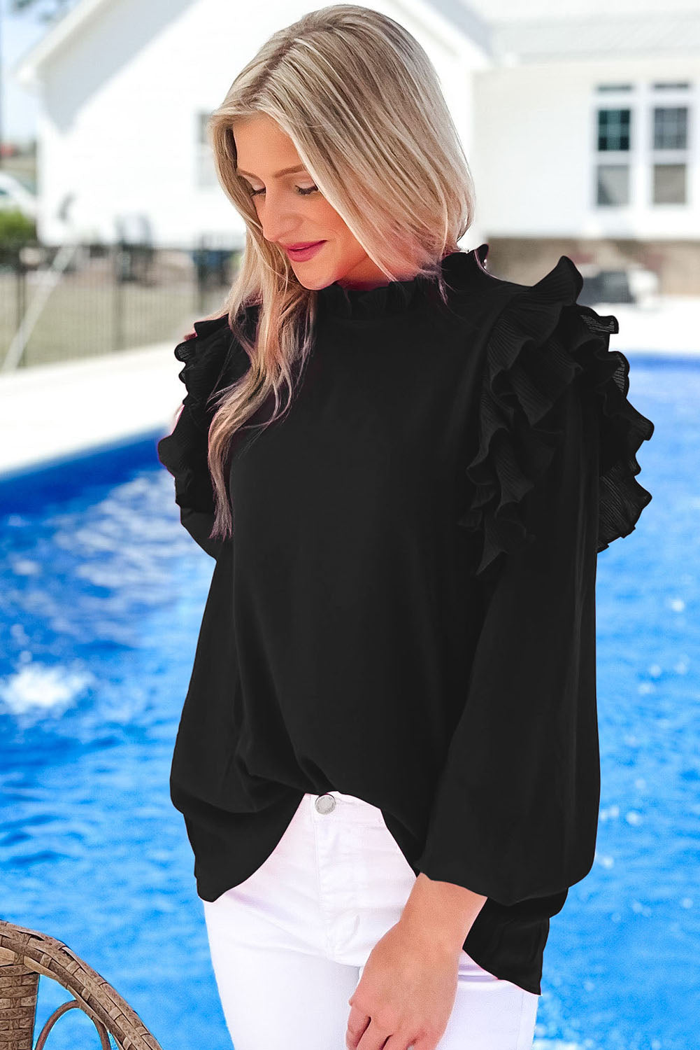 Black Button Keyhole Back Pleated Ruffle Trim Blouse - eAura