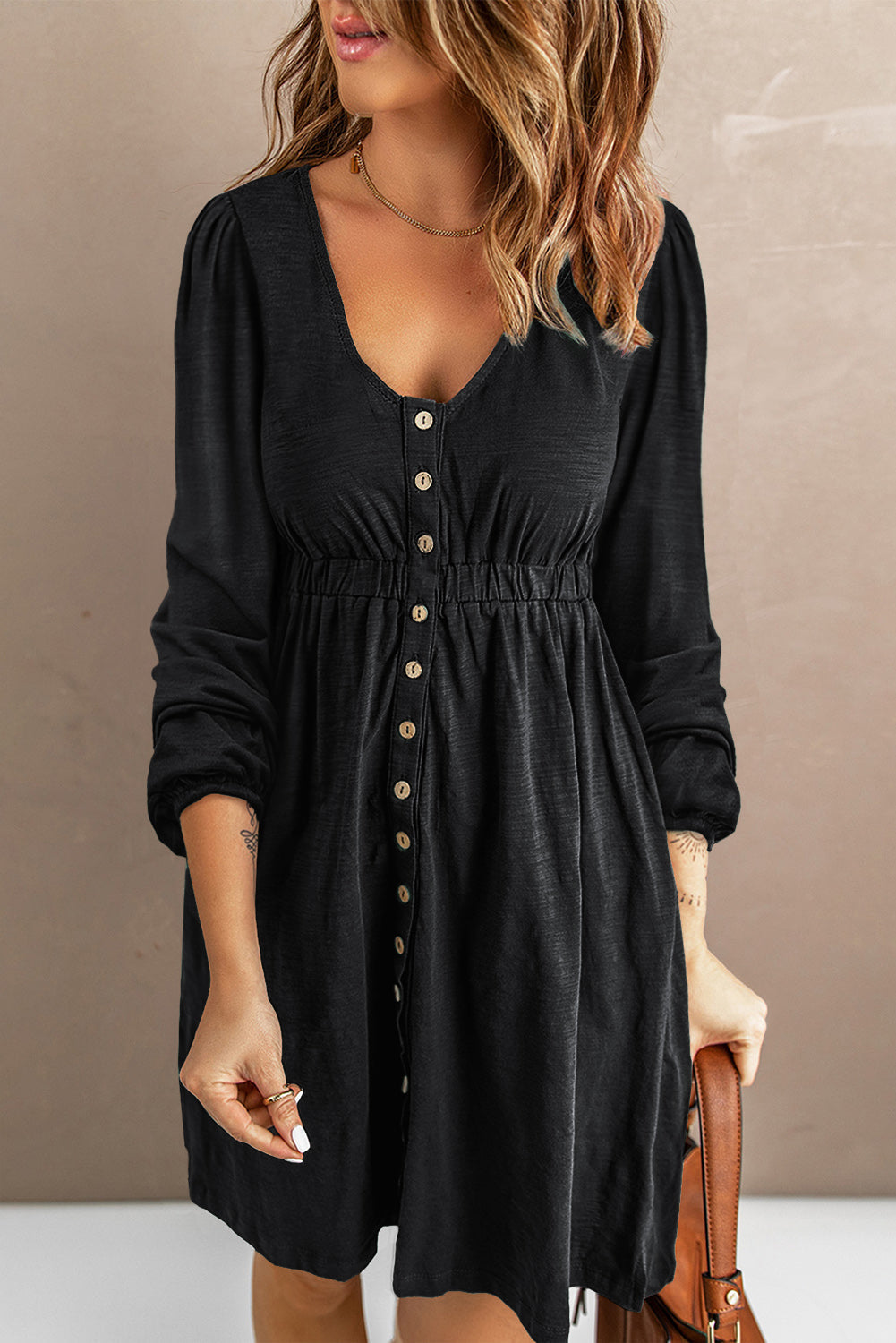 Black Button Up High Waist Long Sleeve Dress - eAura