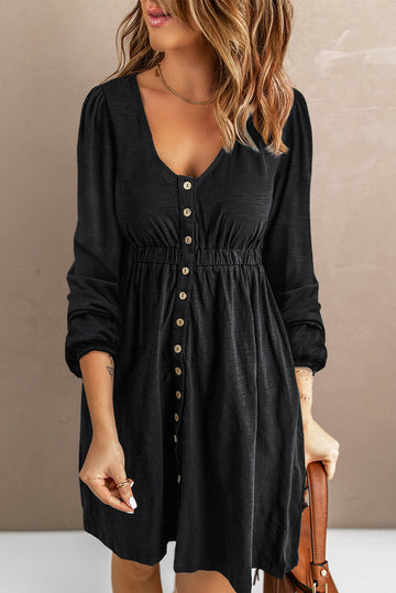 Black Button Up High Waist Long Sleeve Dress - eAura