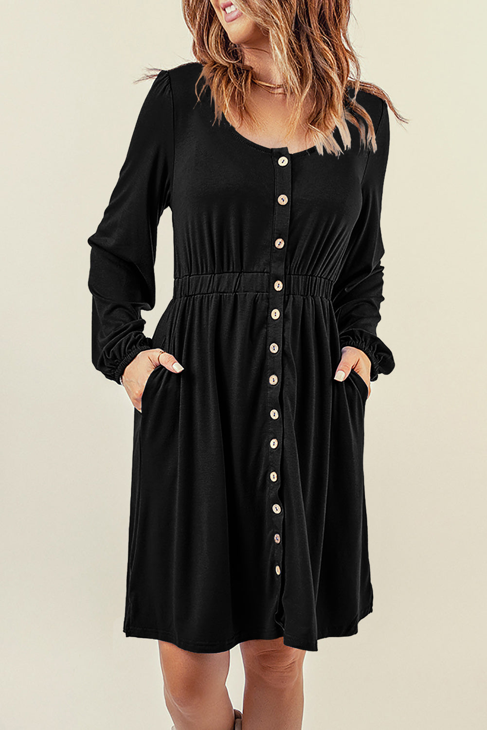 Black Button Up High Waist Long Sleeve Dress - eAura