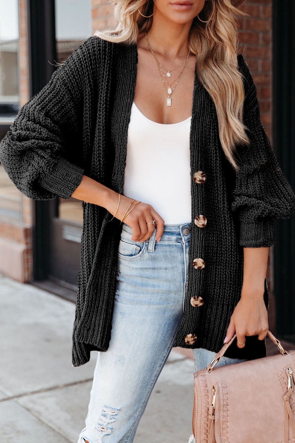 Black Buttoned Front Drop Shoulder Knitted Cardigan - eAura