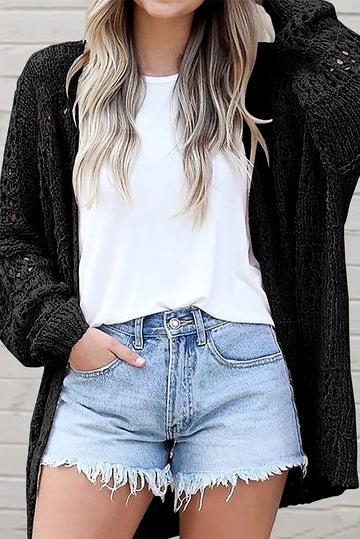 Black Casual Hollowed Knit Dolman Sleeve Cardigan - BLACK / S / 69% ACRYLIC + 31% COTTON - Sweaters &