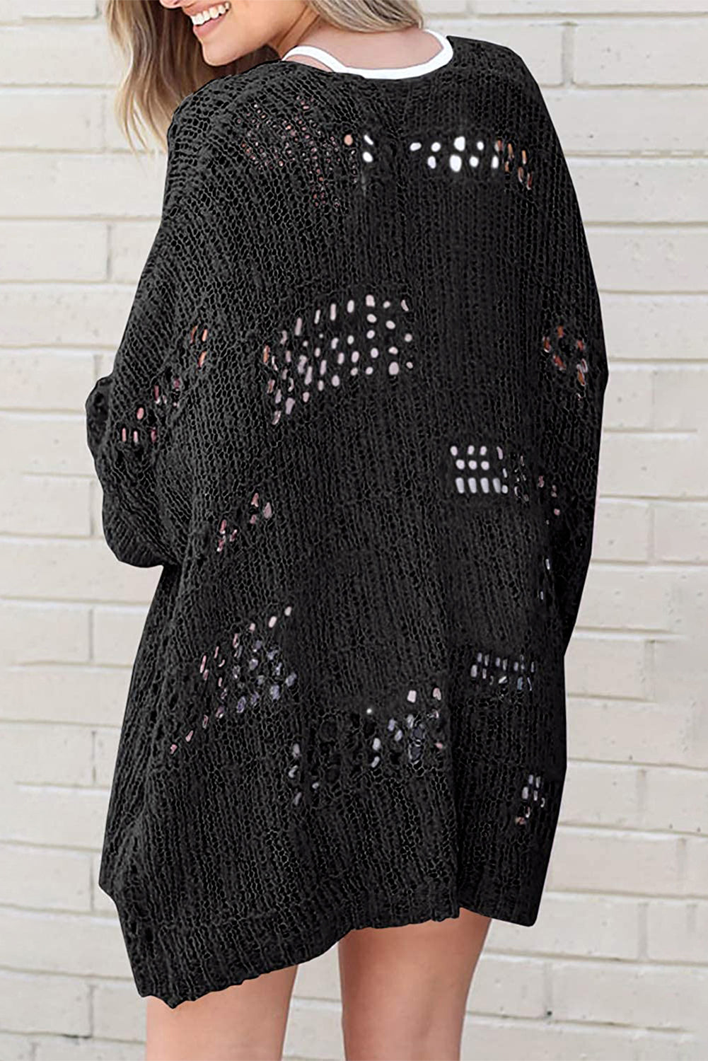 Black Casual Hollowed Knit Dolman Sleeve Cardigan - eAura