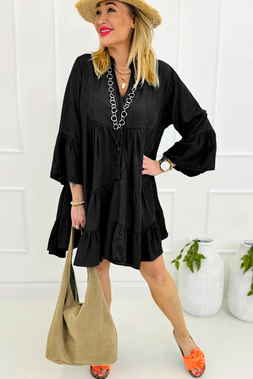 Black Chambray Ruffled 3/4 Sleeve Tiered Split V Neck Mini Dress - eAura