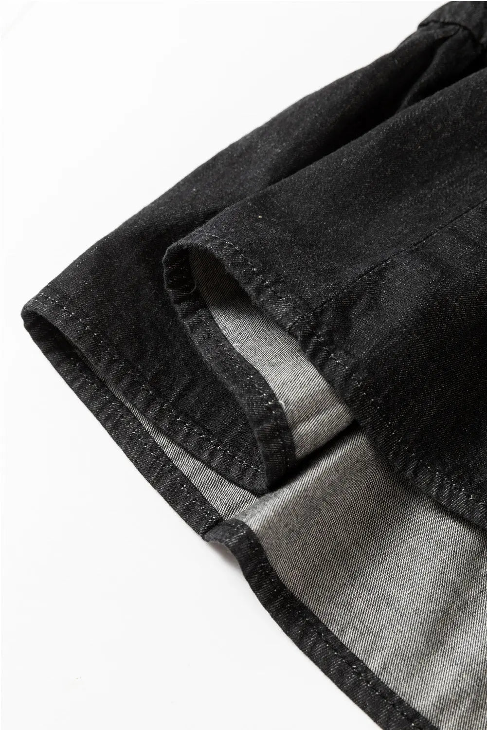 Black Chambray Ruffled 3/4 Sleeve Tiered Split V Neck Mini Dress - eAura