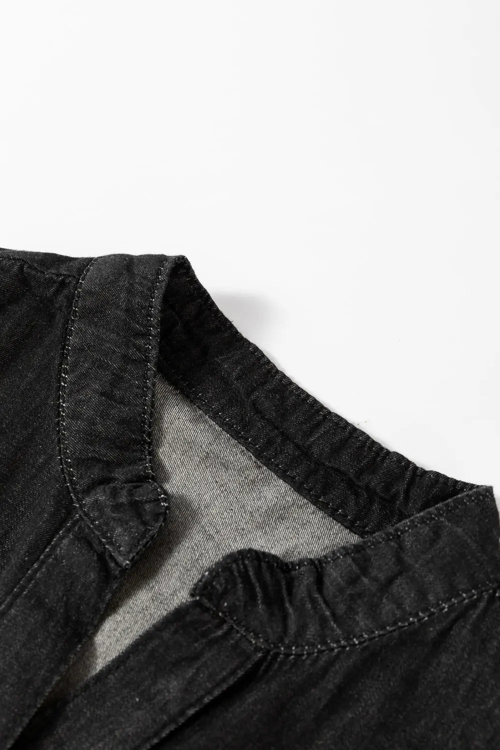 Black Chambray Ruffled 3/4 Sleeve Tiered Split V Neck Mini Dress - eAura