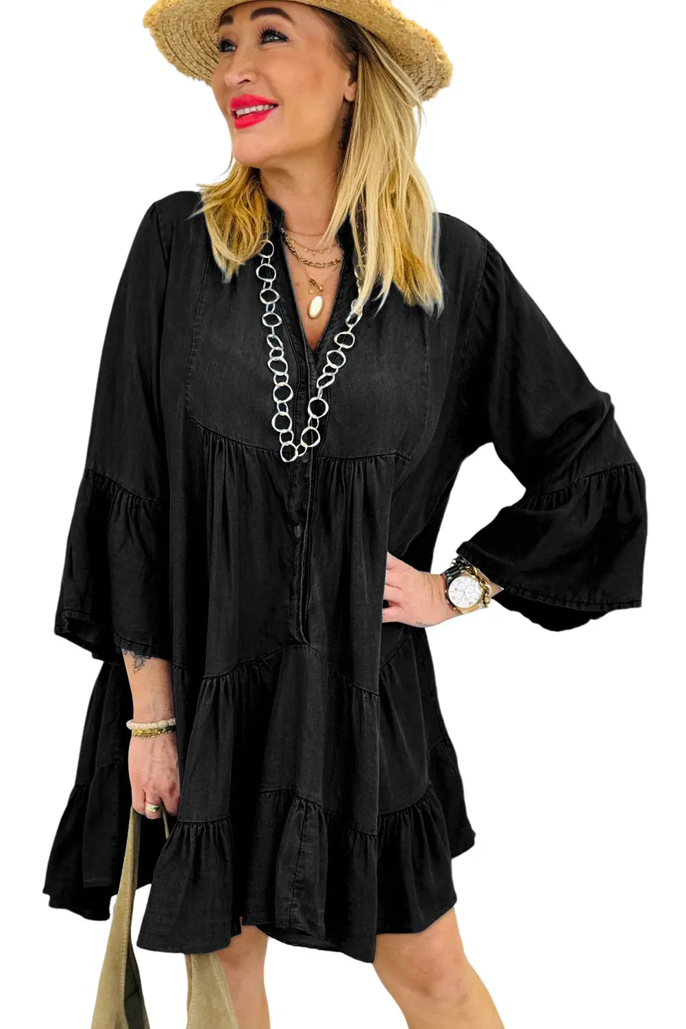 Black Chambray Ruffled 3/4 Sleeve Tiered Split V Neck Mini Dress - eAura