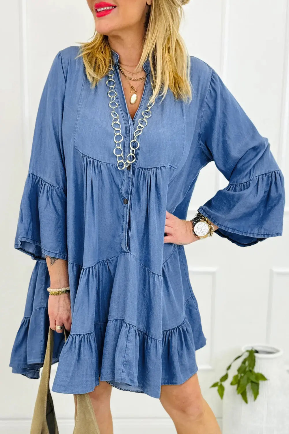 Black Chambray Ruffled 3/4 Sleeve Tiered Split V Neck Mini Dress - eAura