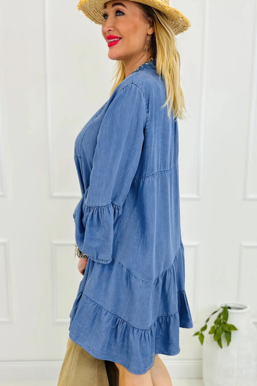 Black Chambray Ruffled 3/4 Sleeve Tiered Split V Neck Mini Dress - eAura